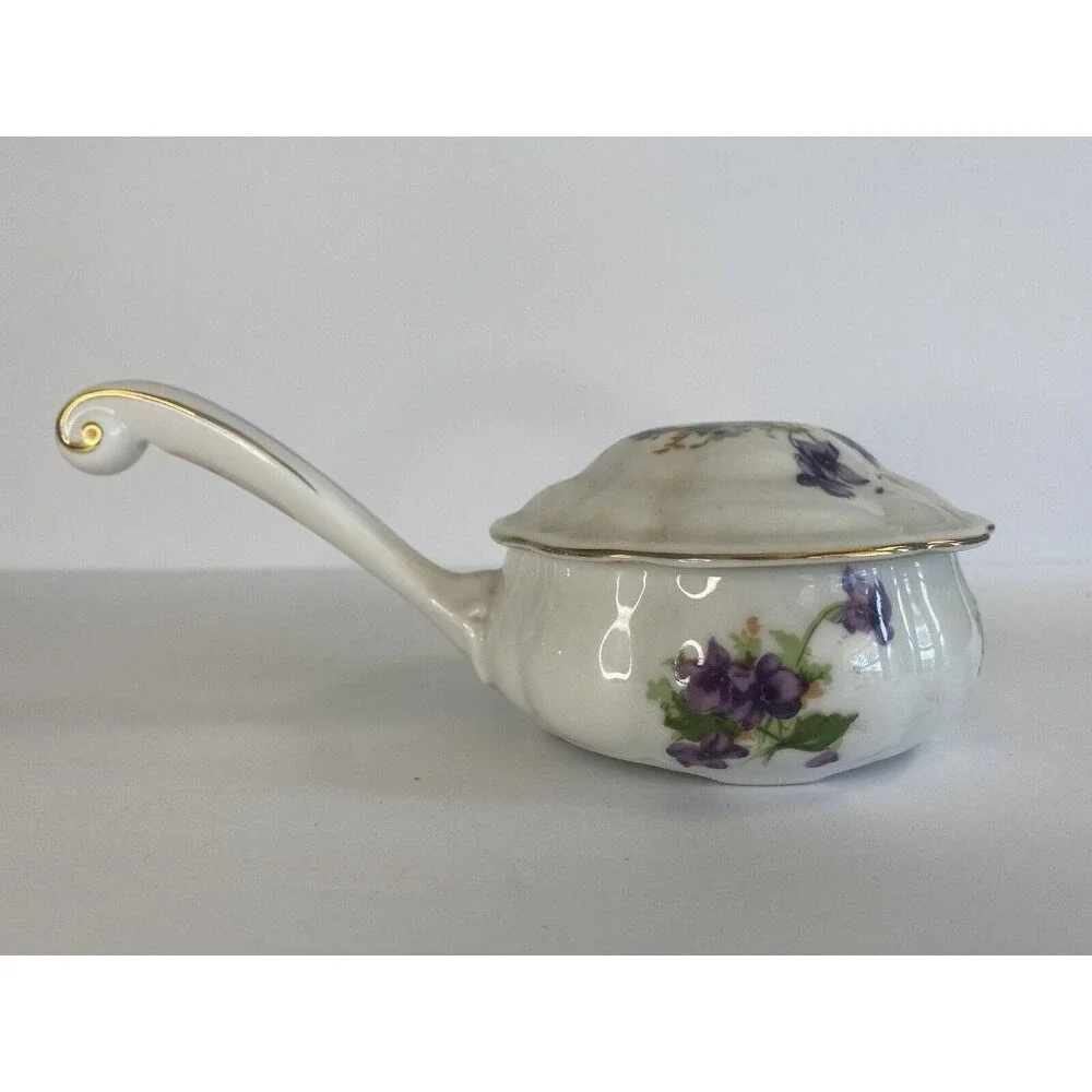 Vtg Enchanto Co CA Individual Service Dish Lid Handle Gold Trim Purple Flowers